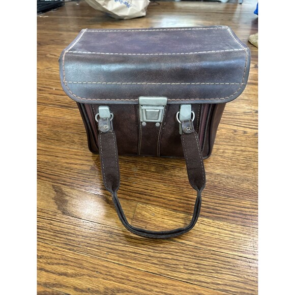 Vintage Dark Leather Camera Bag Hard Cover With Buckles And Strap